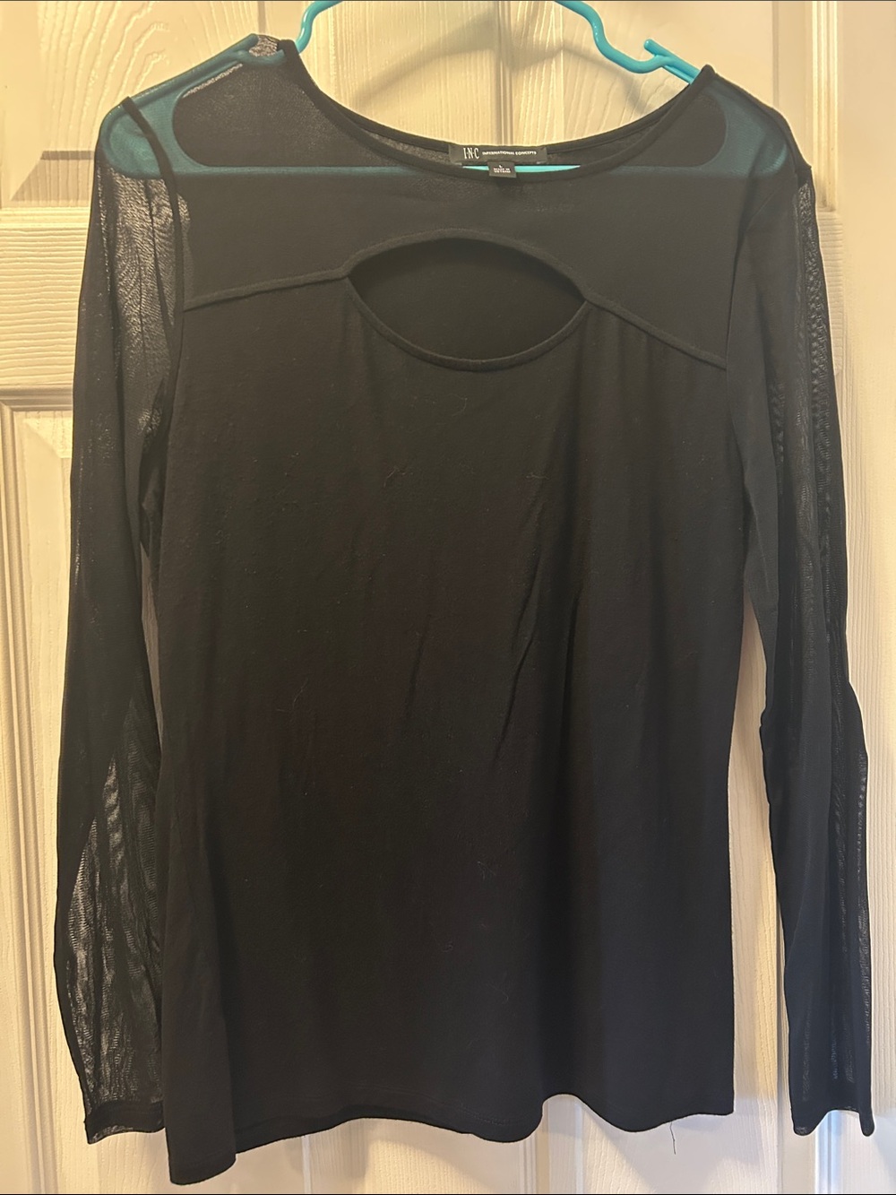 INC Black Long Sleeve Top with Mesh Sleeves and Keyhole